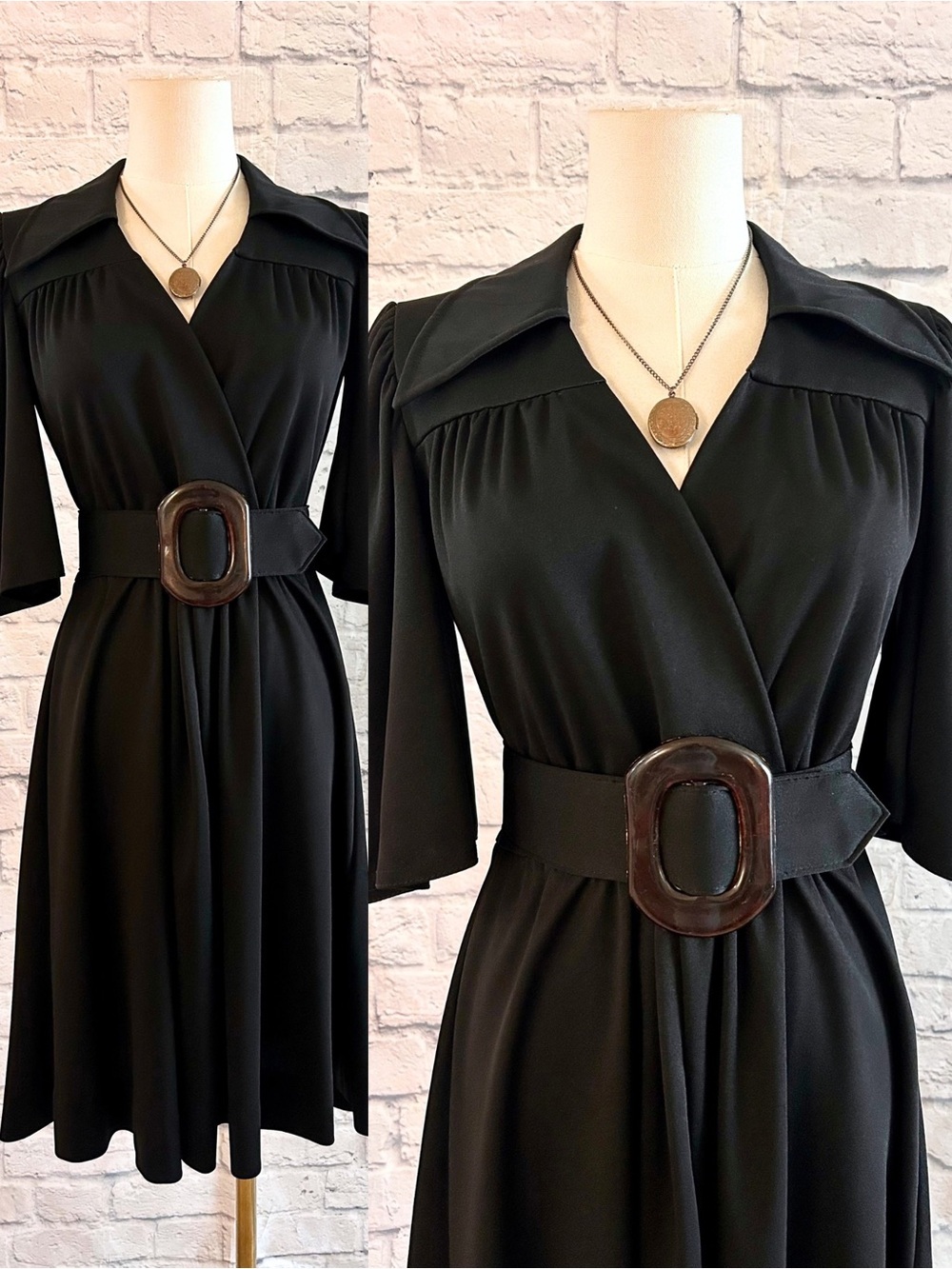 Fall Vintage 80s Black Midi Dress w Belt Swing Skirt Office Career Sexy Sleek